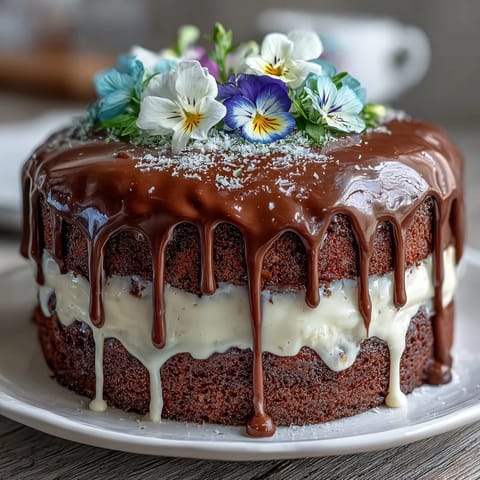 Vibrant Spring Floral Drip Cake with Lemon Frosting, showcasing a delicate white chocolate cascade over zesty lemon buttercream.