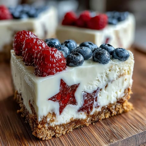 Vibrant no-bake cheesecake decorated with fresh berries in an American flag pattern, perfect for Fourth of July celebrations.