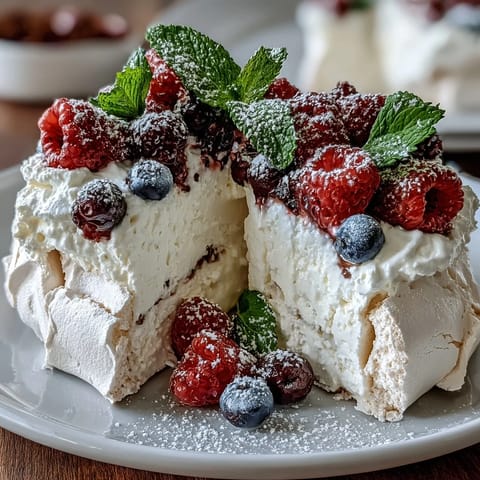 A crisp meringue shell topped with whipped cream and vibrant mixed berries, perfect for Mothers Day celebrations.