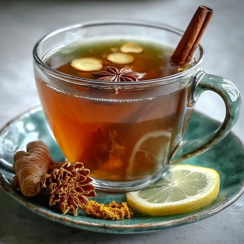A steaming mug of dandelion root tea infused with fresh ginger and turmeric, offering a warm and earthy wellness drink.