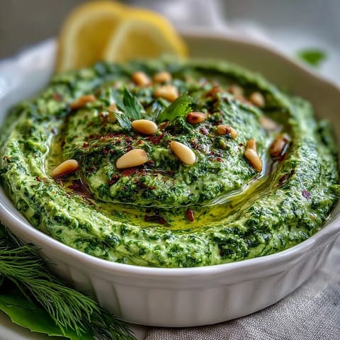 Creamy dandelion pesto with garlic and pine nuts, blended to perfection for a bold, nutty, and slightly bitter spread.
