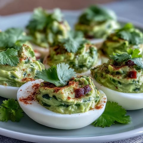 Guacamole Stuffed Deviled Eggs with creamy avocado filling and a sprinkle of smoked paprika on a white platter.