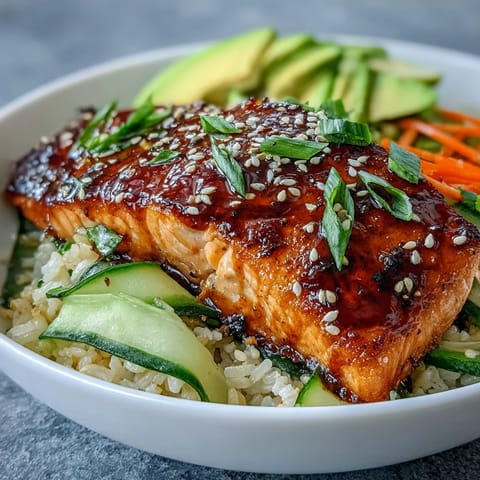 Quick teriyaki salmon bowl with glazed salmon, fresh vegetables, and jasmine rice, perfect for a healthy summer dinner.  