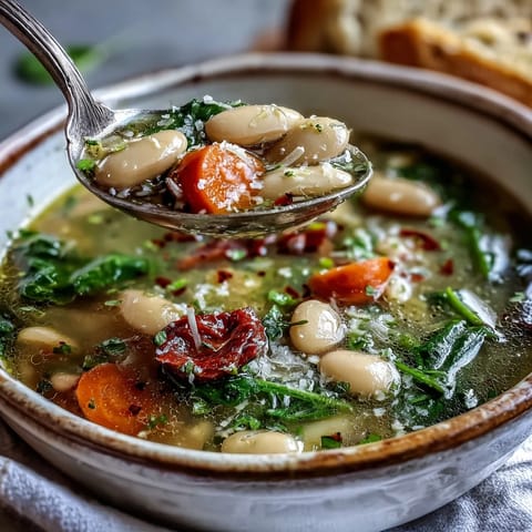 Creamy Tuscan White Bean and Spinach Soup, slow-cooked with herbs and ready to be served.
