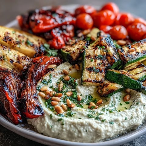 Grilled Veggie Platter with Hummus, showcasing colorful vegetables and creamy dip.  