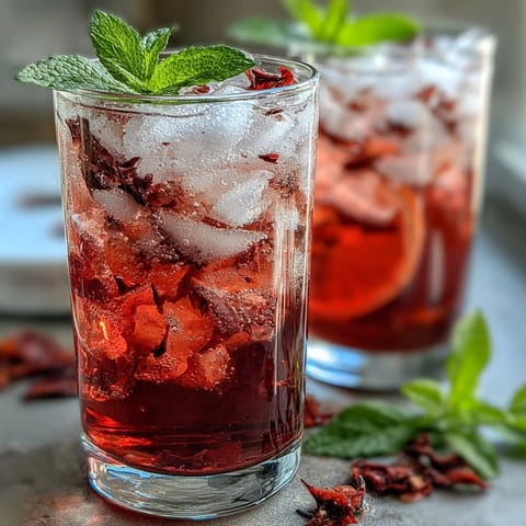 A refreshing glass of sparkling hibiscus mint lemonade mocktail with vibrant red hue and fresh mint garnish.