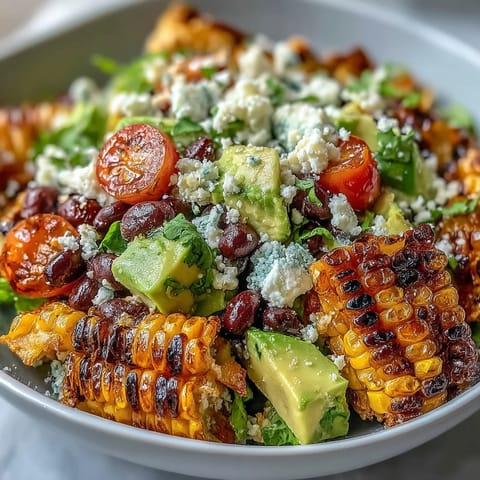 A colorful bowl of grilled corn and black bean taco salad topped with creamy avocado and zesty lime dressing.  