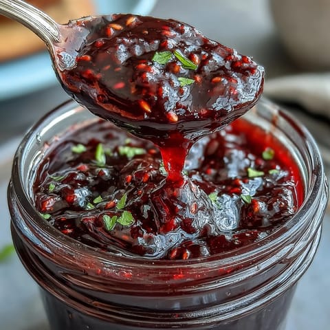 Vibrantly colored Fricy Blackberry Jalapeño BBQ Sauce, simmering gently and ready for glazing.