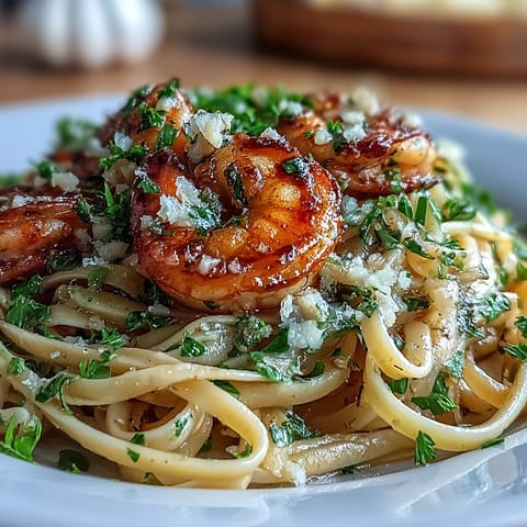 Plated Shrimp Scampi Linguine glistening with garlicky white wine sauce.