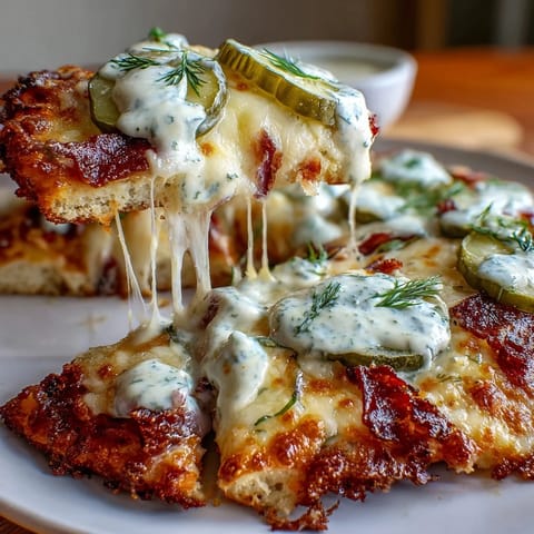 Tangy Pickle Pizza Flatbread, golden-crisp, ready for a delicious bite.