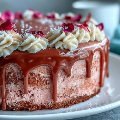 Elegant pink Bridal Shower Rosé Velvet Cake with shimmering gold drip.