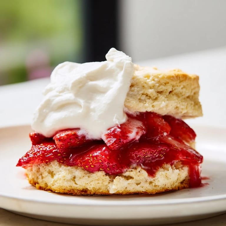A delicious close-up of Strawberry Shortcake; biscuits, dripping berries, and sweet whipped cream, ready to eat.