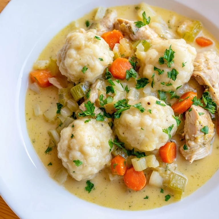 Close-up of a rustic Chicken and Dumplings bowl, showcasing tender chicken with creamy sauce.