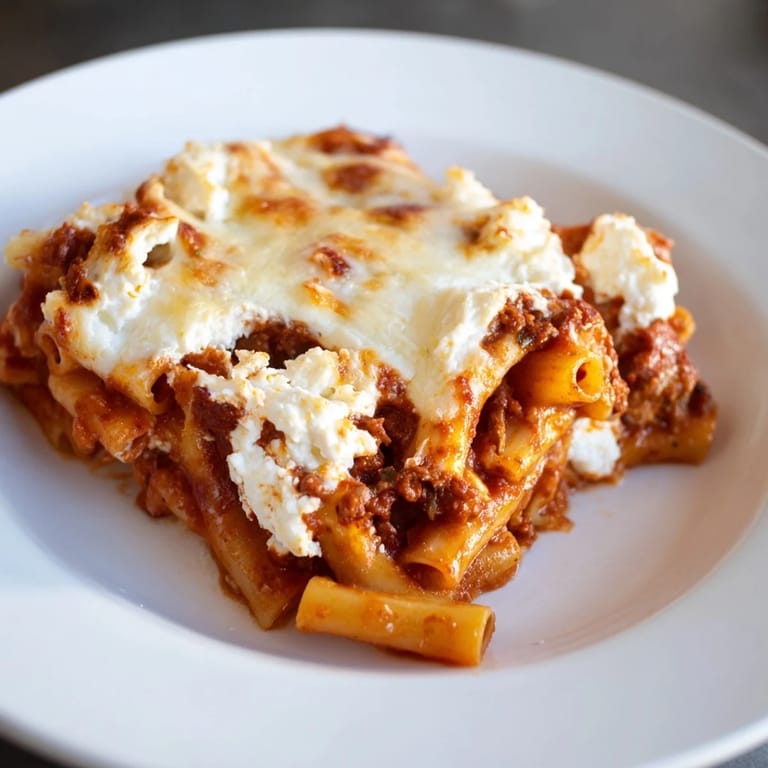 Fragrant, piping hot Baked Ziti with a creamy ricotta layer, ready to be served.