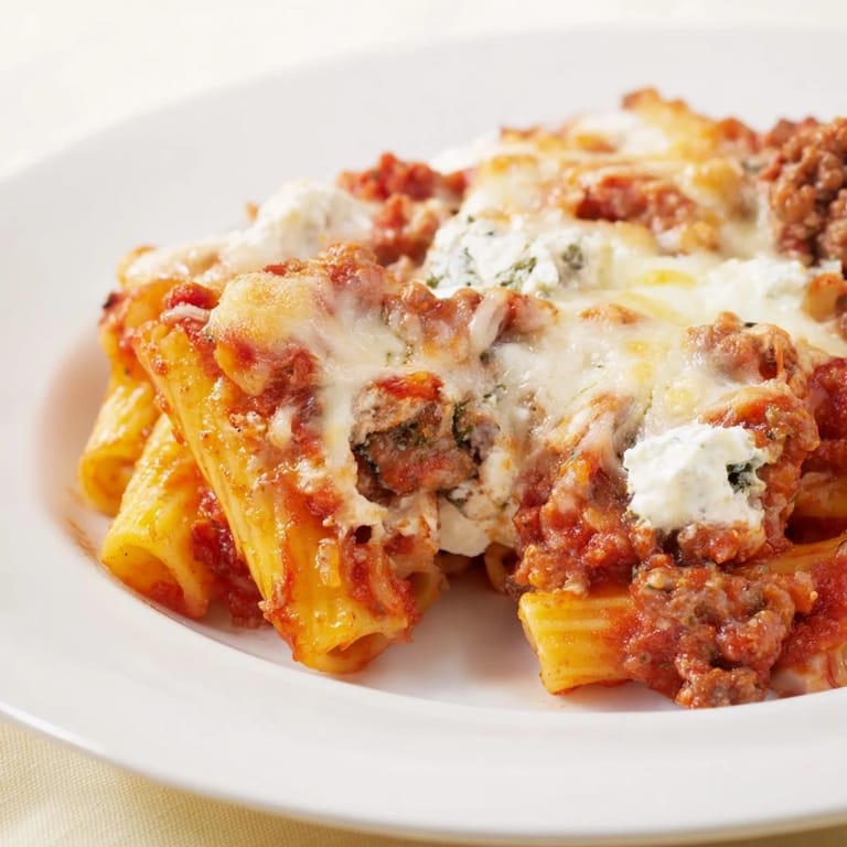 Warm and comforting Baked Ziti, showcasing a perfectly layered pasta casserole.