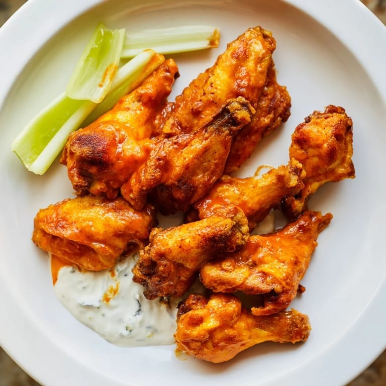 Sizzling Buffalo wings, a classic American appetizer, with a perfect balance of heat and flavor.