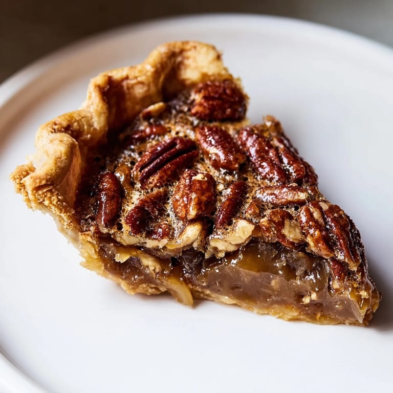Warm, freshly baked pecan pie, filled with glistening pecans and a rich, sweet custard inside.