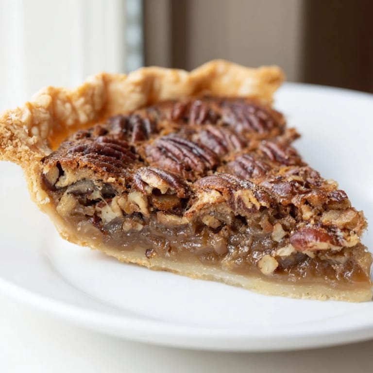 Close-up of a slice of pecan pie, showcasing the gooey filling and crunchy pecan topping.