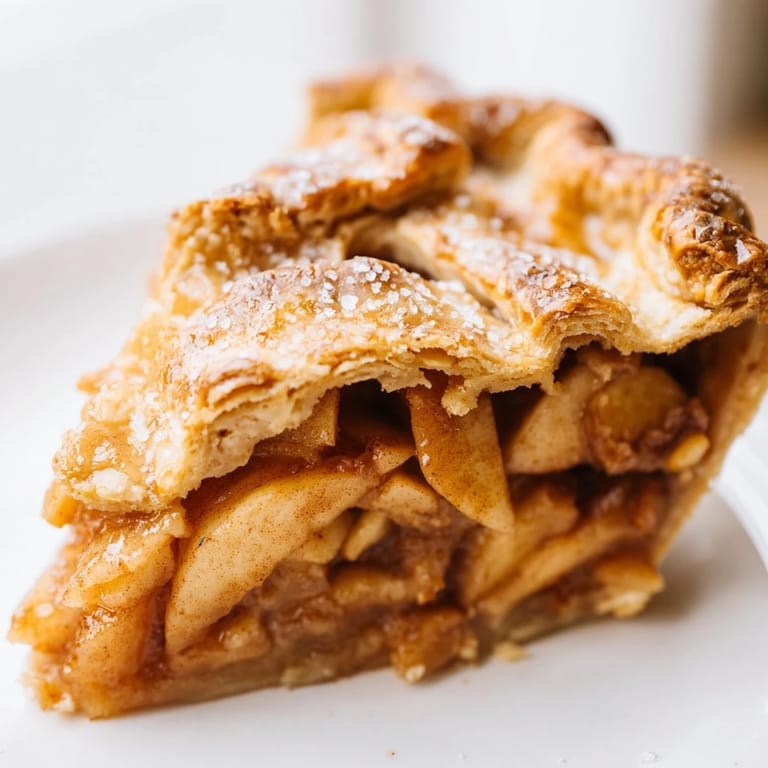Warm apple pie with a flaky crust, perfect served with melting vanilla ice cream and sweet spices.