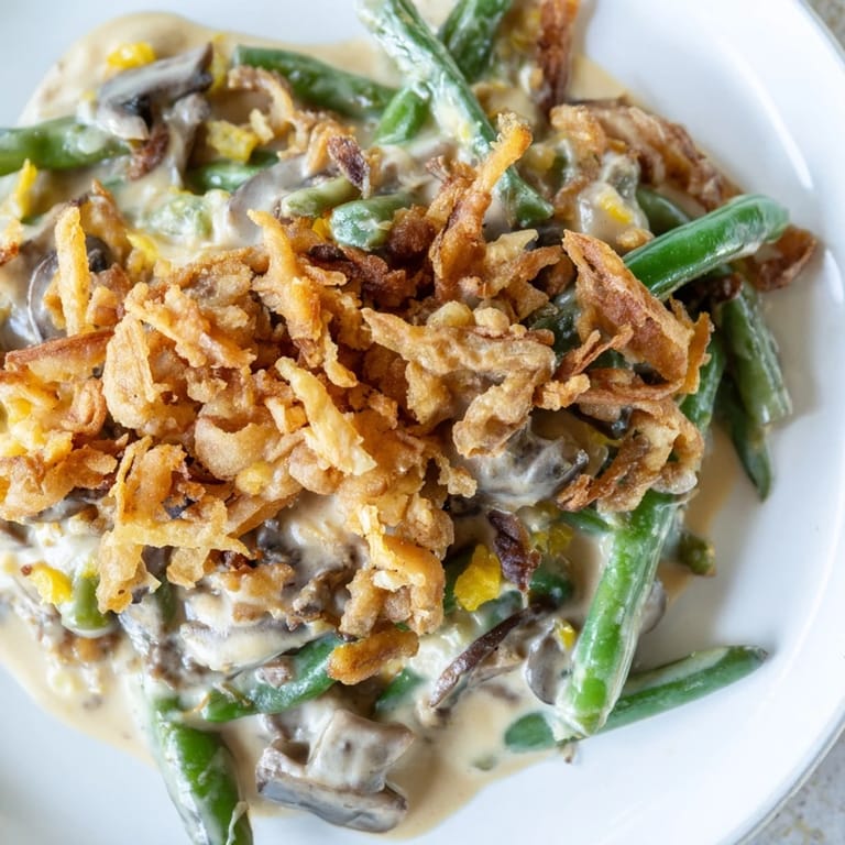 A close-up of creamy Green Bean Casserole, showcasing the tender green beans and a crunchy top layer.