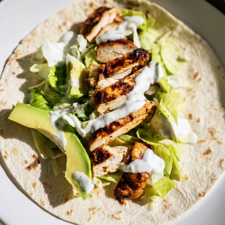 A close-up of Smoky Chipotle Chicken Wrap, revealing juicy chicken and fresh veggies inside a soft tortilla.