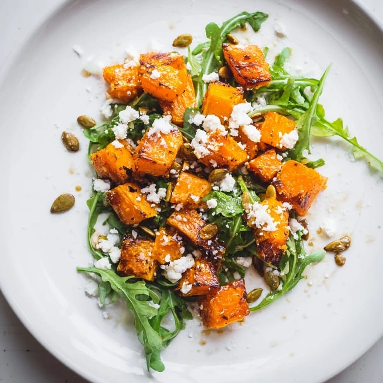 A vibrant bowl of roasted sweet potato salad featuring caramelized sweet potatoes, peppery greens, and creamy feta cheese.  
