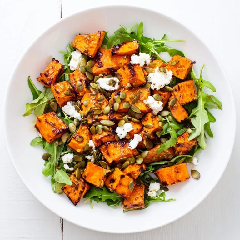 Fresh roasted sweet potato salad with arugula, red onion slices, and feta, served as a colorful vegetarian side dish.