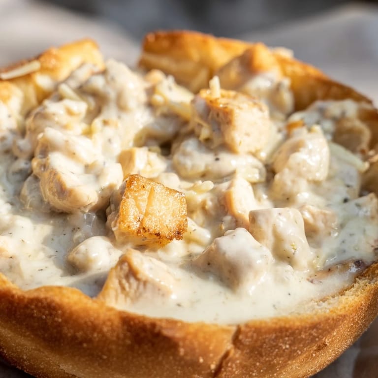 For a complete meal, serve the warm Chicken Alfredo bread bowl alongside a crisp garden salad.