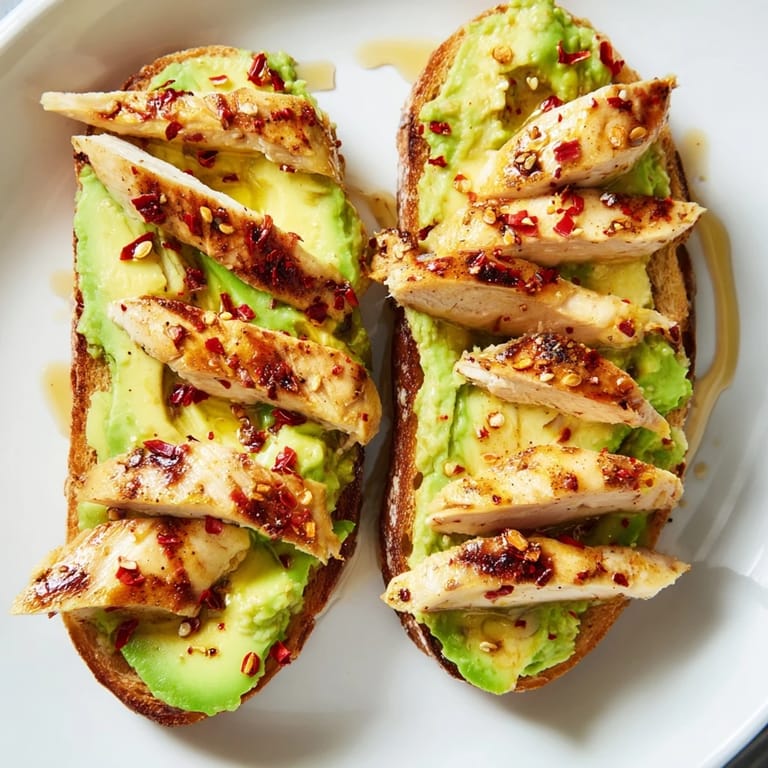 Savory-sweet smashed avocado chicken toast features juicy chicken, tangy lemon, and chili flakes on crusty bread, served fresh on a wooden board.