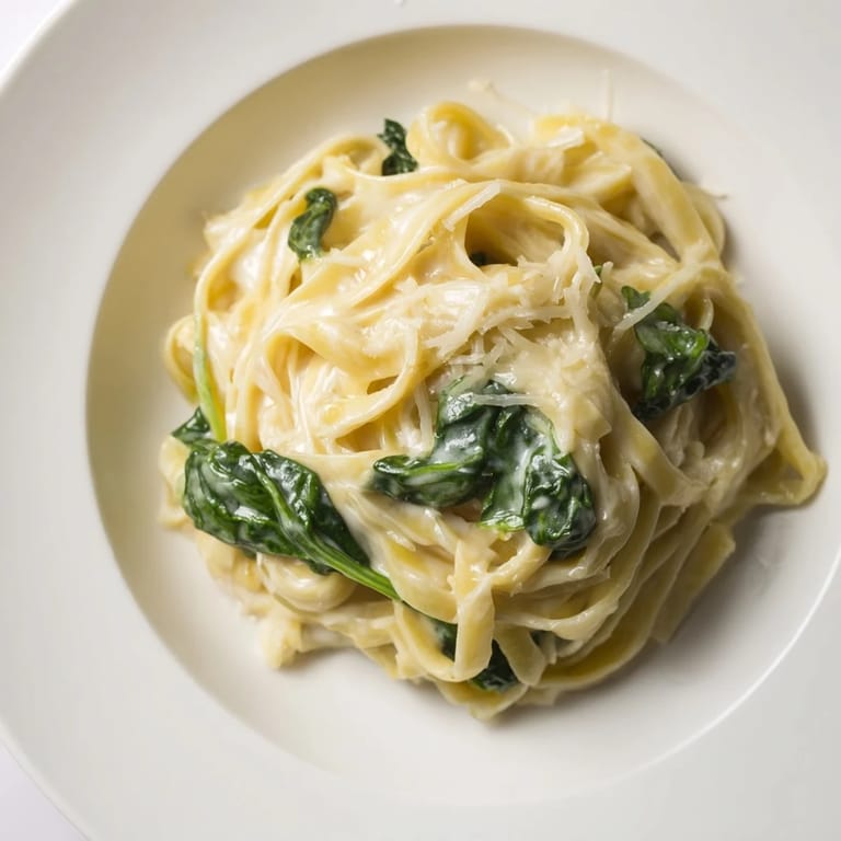 Plate of creamy garlic spinach pasta topped with fresh parsley, paired with a glass of white wine.