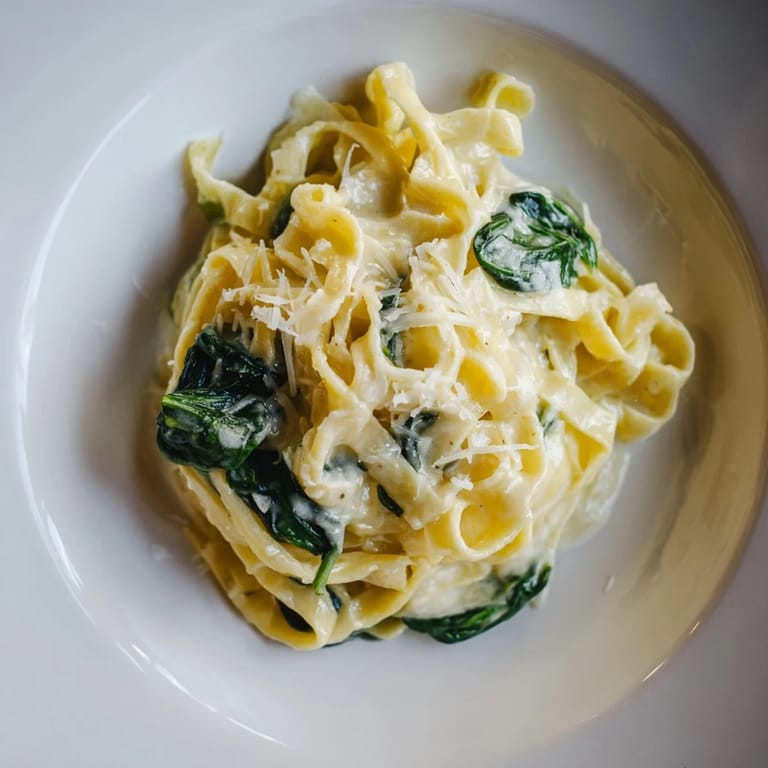 Creamy garlic spinach pasta in a skillet, wilted greens and garlic flecks visible in the rich sauce.
