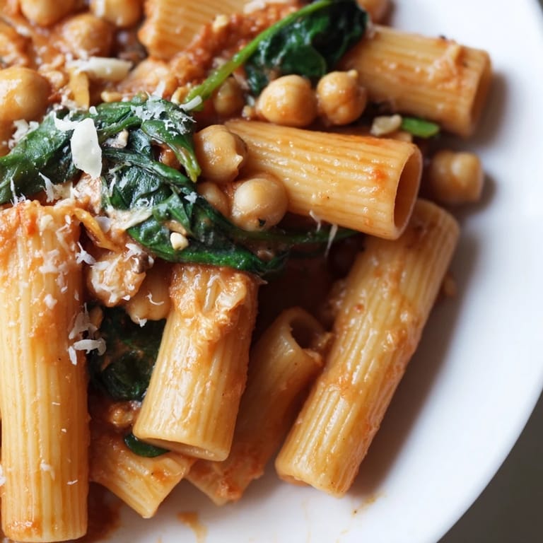 A close-up of Creamy Tuscan Chickpea Pasta, with wilted spinach and hearty chickpeas in a rich, savory tomato-cream sauce.