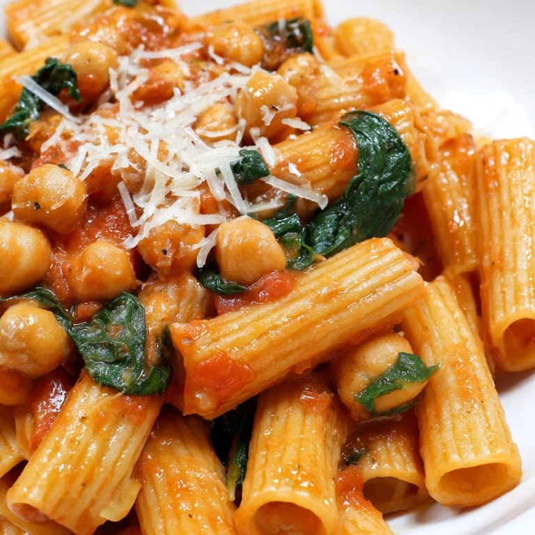 Overhead view of Creamy Tuscan Chickpea Pasta in a skillet, garnished with Parmesan and basil, ready for a family dinner.