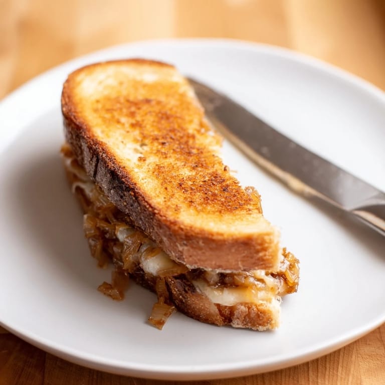 Close-up of a Caramelized Onion Grilled Cheese, crispy golden bread oozing with melted sharp white cheddar and sweet onions.