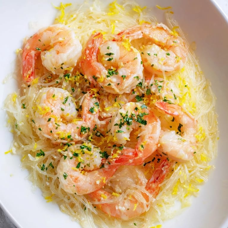 Angel hair pasta and pan-seared shrimp in a zesty lemon butter sauce, garnished with parsley and lemon wedges on the side.