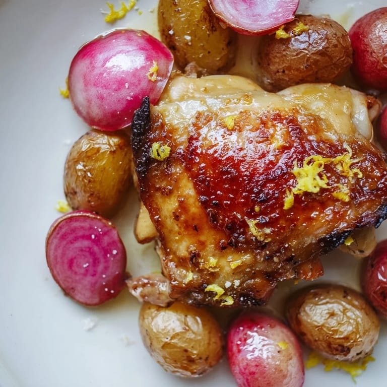 Easy roasted radish and chicken sheet pan served hot from the oven, garnished with fresh parsley and lemon.