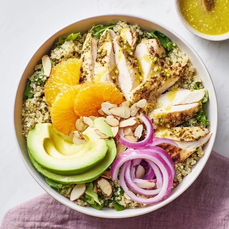 Vibrant citrus herb chicken salad bowl with sliced avocado, toasted almonds, and a drizzle of zesty orange vinaigrette.  