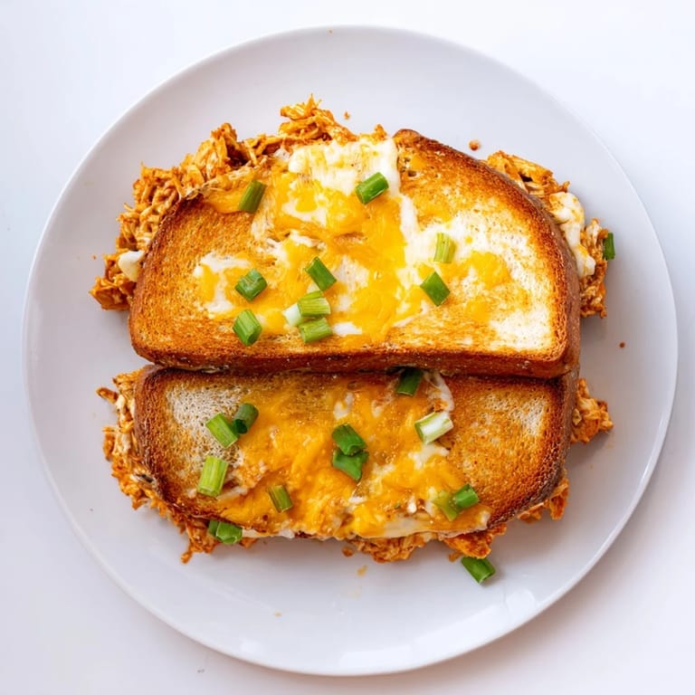 Buffalo Chicken Ranch Grilled Cheese rests on a wooden board beside crisp celery sticks and a small ramekin of ranch.