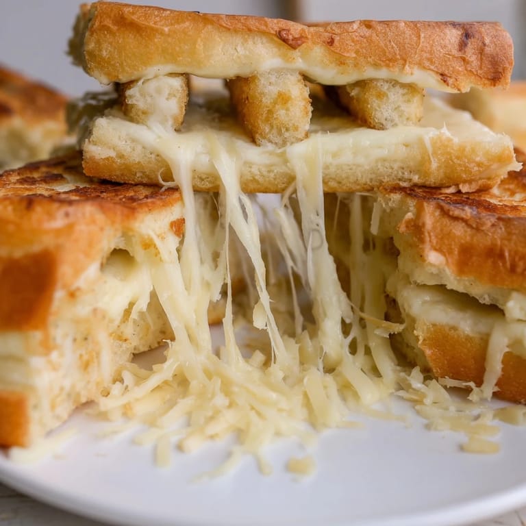Homemade Mozzarella Stick Grilled Cheese sandwich, with buttery bread grilling to a perfect golden brown and gooey cheese pull.