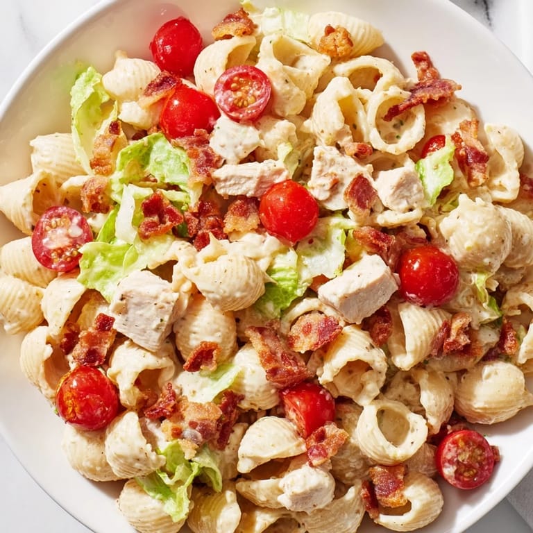 Cool BLT Chicken Pasta Salad ready for potlucks, with juicy chicken, smoky bacon, tomatoes, and crunchy lettuce in creamy shells.
