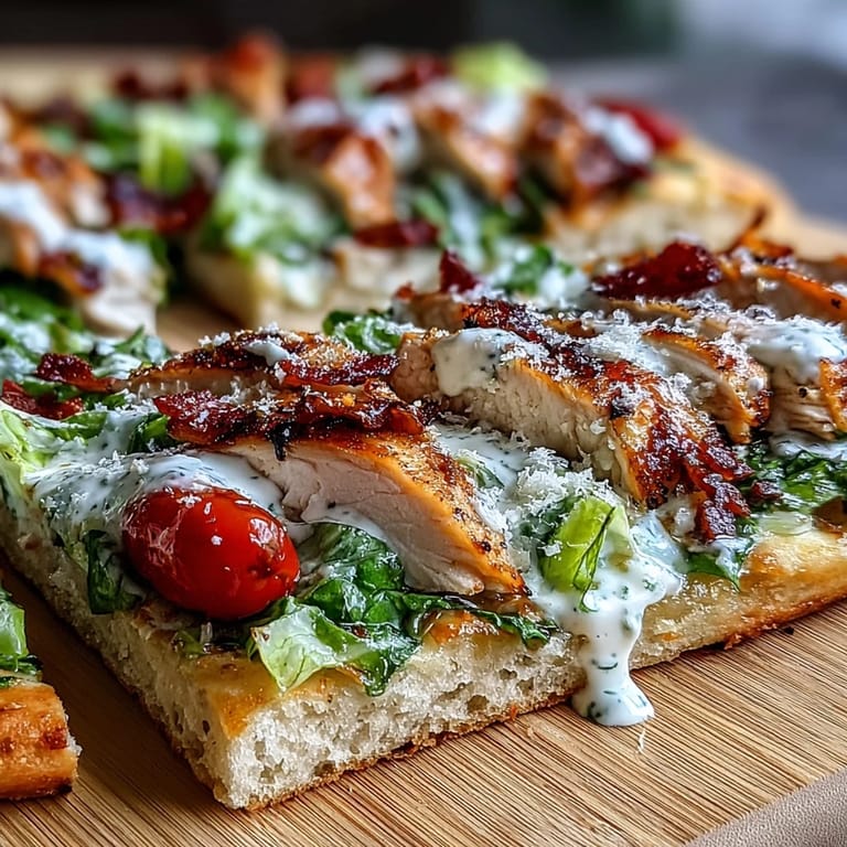 Juicy grilled chicken atop warm Chicken Caesar Flatbread, drizzled with tangy dressing.