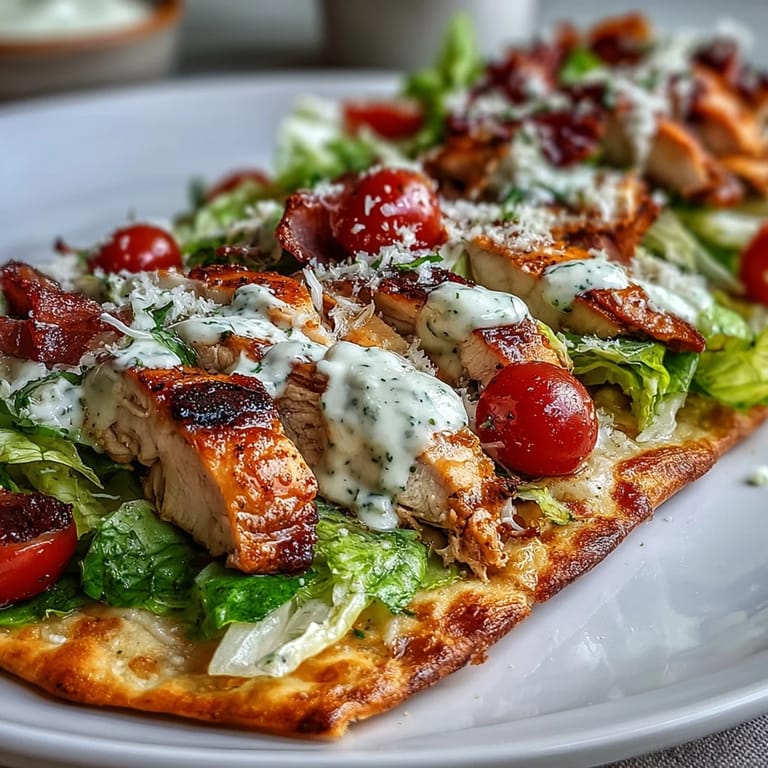 Easy Chicken Caesar Flatbread, a delightful appetizer showcasing fresh ingredients and melted cheese.