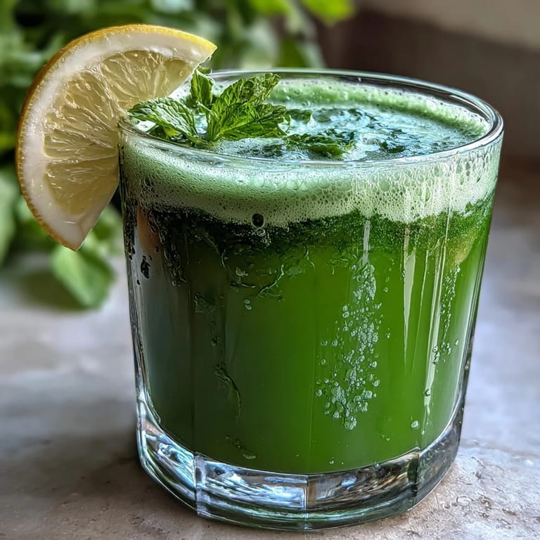 Close-up of Celery Ginger Lemon Juice being poured over ice, showing a vibrant green hue and condensation on the glass.