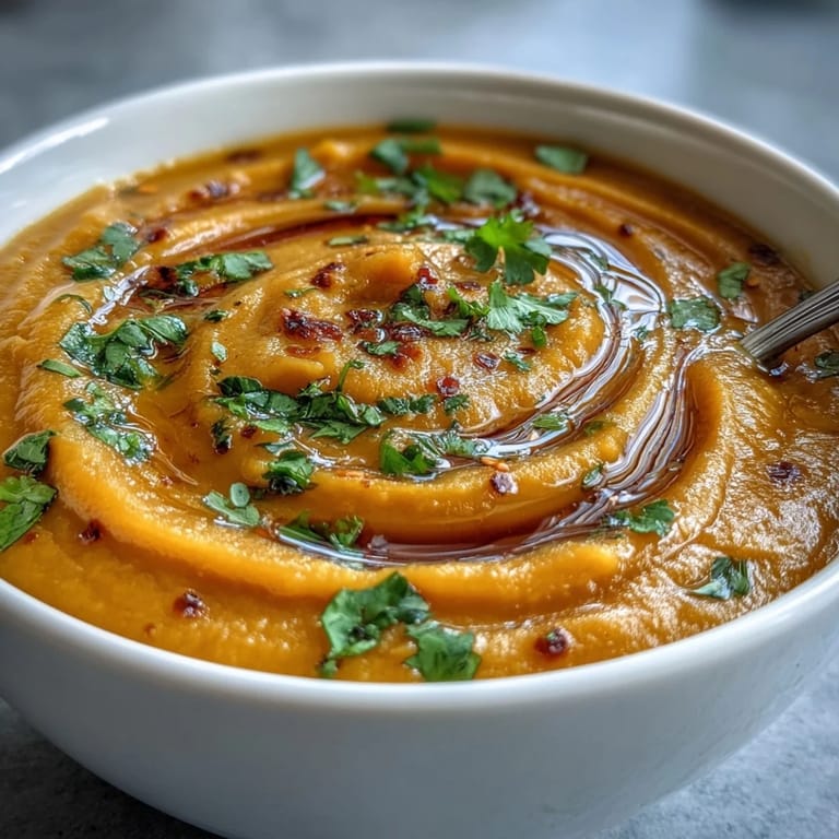 Velvety smooth butternut squash soup with vibrant red lentils, ready to serve hot.