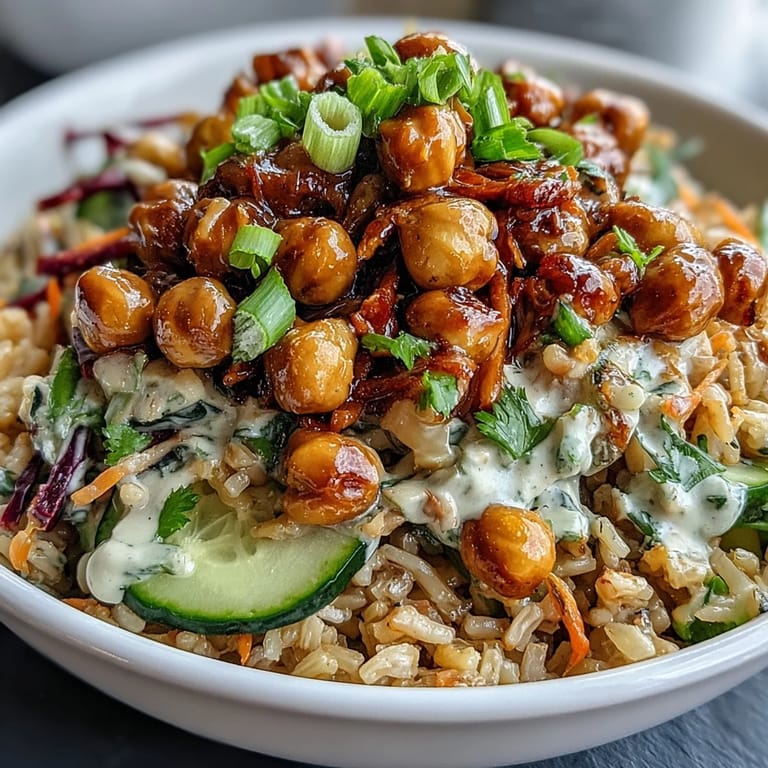 Hearty Peanut Chickpea Rice Bowl, topped with crunchy peanuts and fresh vegetables.