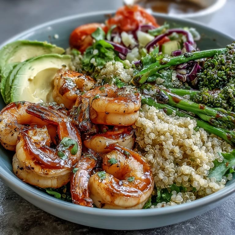 In this Detox Buddha Bowl with Shrimp and Quinoa, juicy shrimp sit atop quinoa with roasted asparagus and shredded red cabbage.
