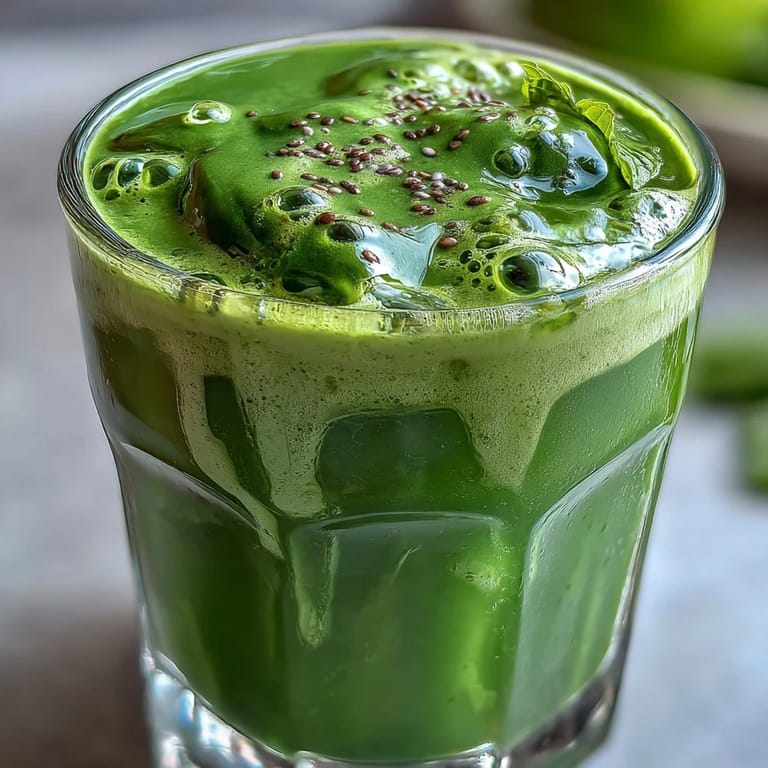 This chilled green detox smoothie features chia seeds and creamy banana, perfect for a healthy vegan breakfast.  