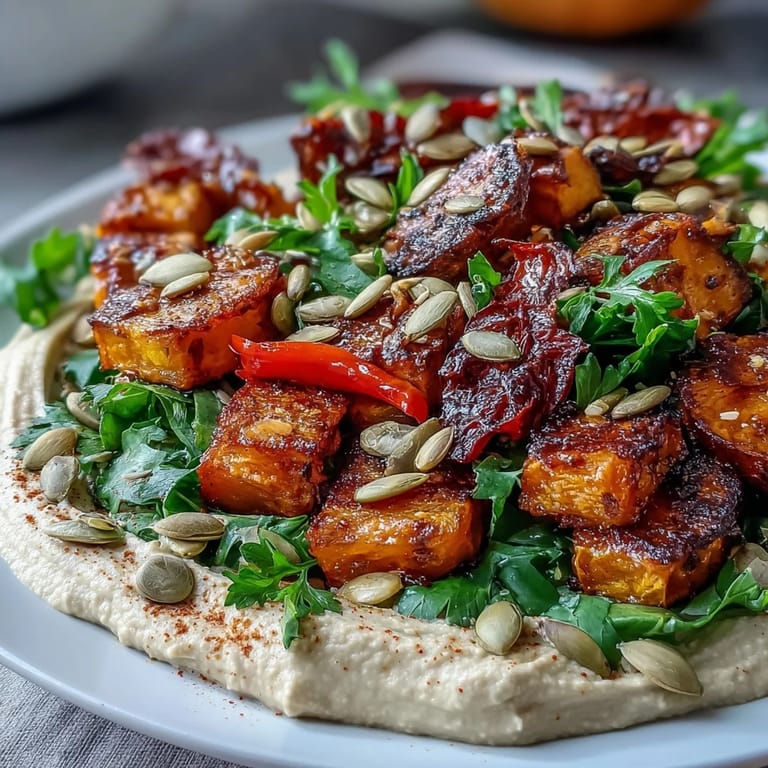 Vibrant roast squash and hummus salad, showcasing tender vegetables and crunchy toppings.