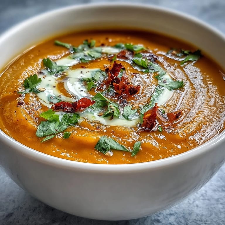 Bright orange Carrot, Celeriac, and Chilli Soup served in a ceramic bowl with a sprinkle of fresh herbs.