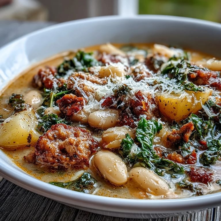 Grated Parmesan tops a bowl of Tuscan White Bean Sausage Soup with potatoes.